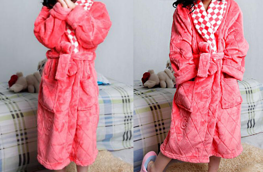 Soft Plush Diamond Pattern Lapel Bathrobes for Boys Girls Bath Homewear, Orange Red - Image 2
