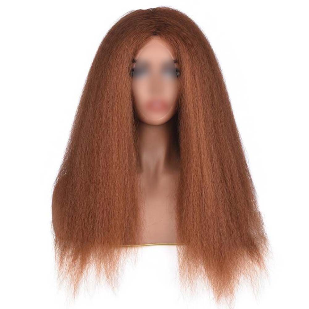 Afro Yaki Hair Straight Curly Wigs Light Coffee Long Full Wig Fluffy Synthetic Hair Wigs for Daily Wear, 24inch - Image 2