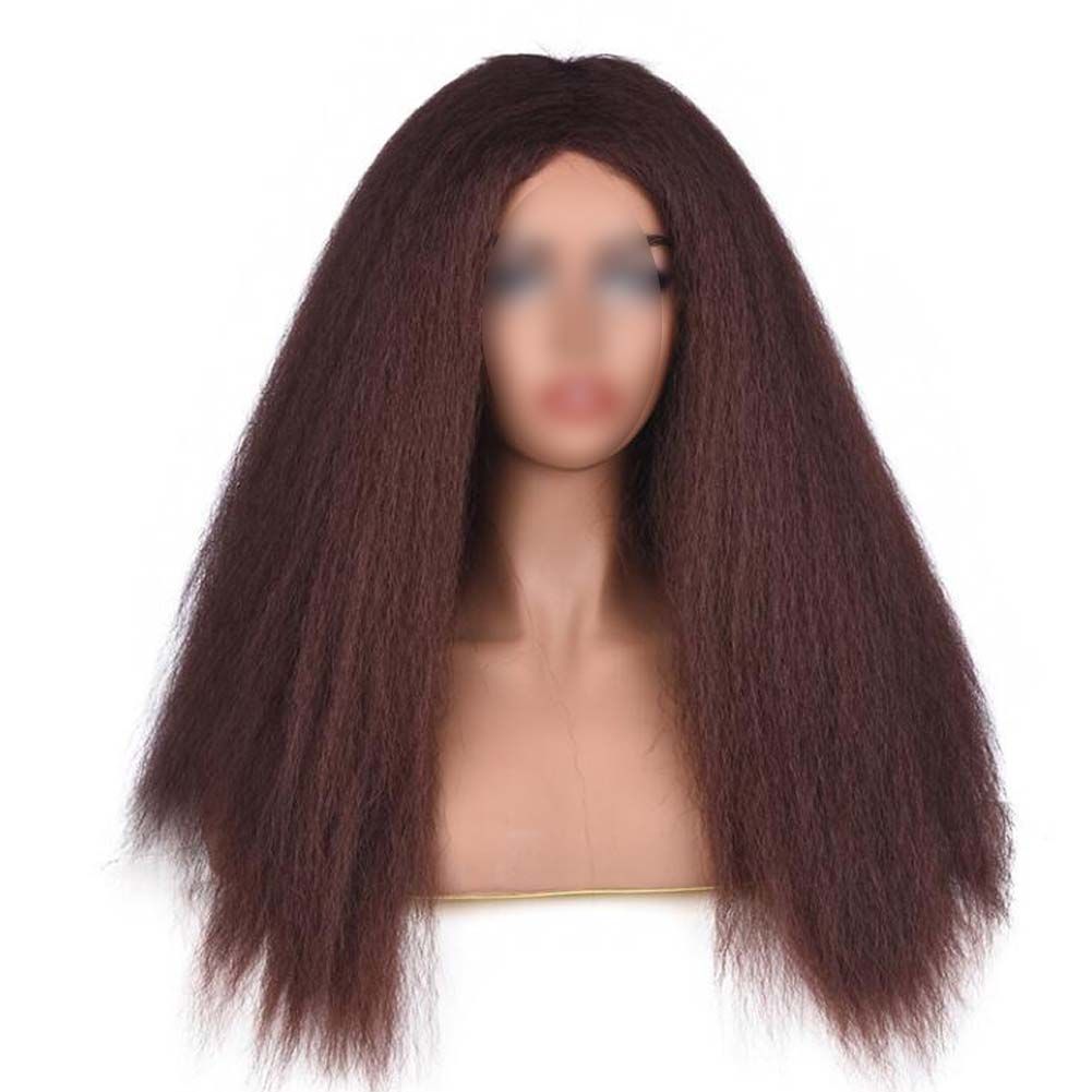 Afro Yaki Hair Straight Curly Wigs Dark Brown Long Full Wig Fluffy Synthetic Hair Wigs for Daily Wear, 24inch - Image 2