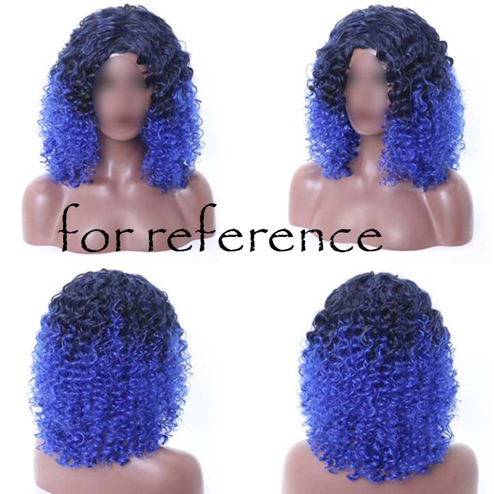 Black Blue Afro Hair Wig 2Tone Short Curly Fluffy Wigs with Bangs Synthetic Hair Full Wig,16 inch - Image 2