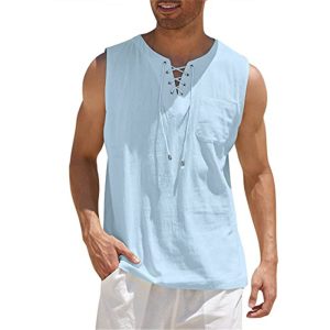 Men’s Cotton Linen Tank Top Shirts Casual Sleeveless Lace Up Beach Hippie Tops