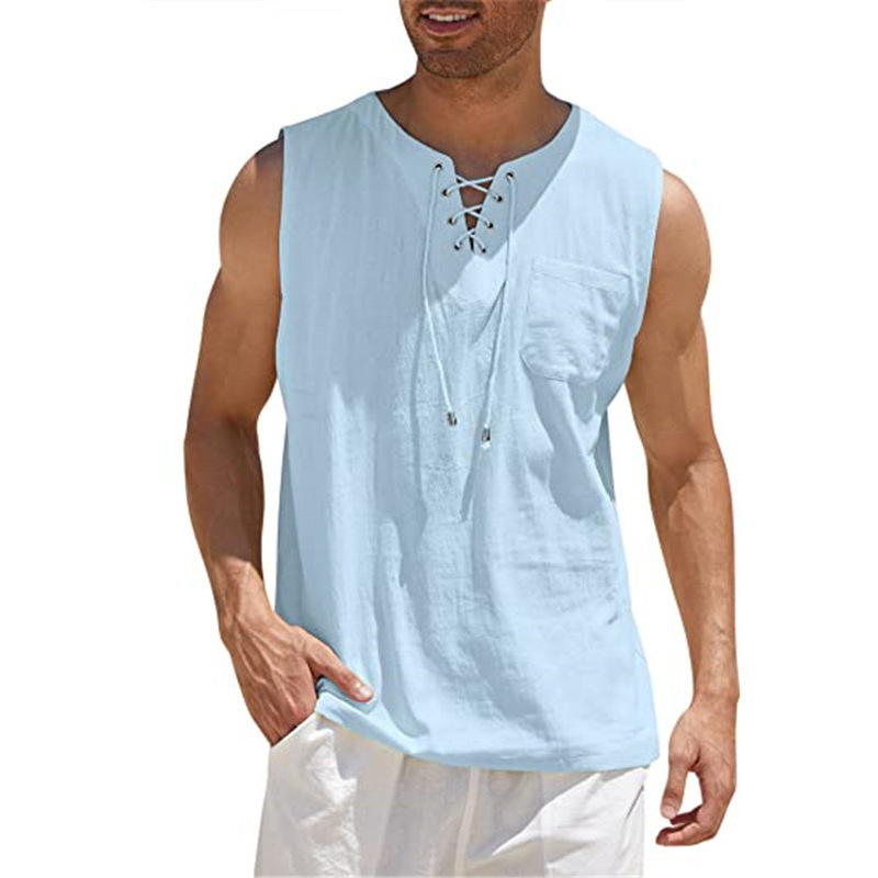 Men's Cotton Linen Tank Top Shirts Casual Sleeveless Lace Up Beach Hippie Tops