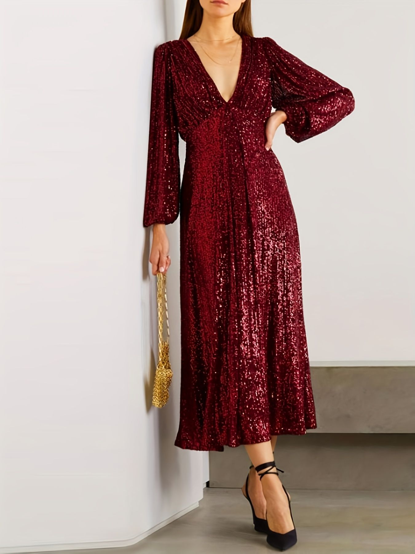 Sequined V-neck Dress, Elegant Long Sleeve Dress For Wedding Party, Women's Clothing - Image 23