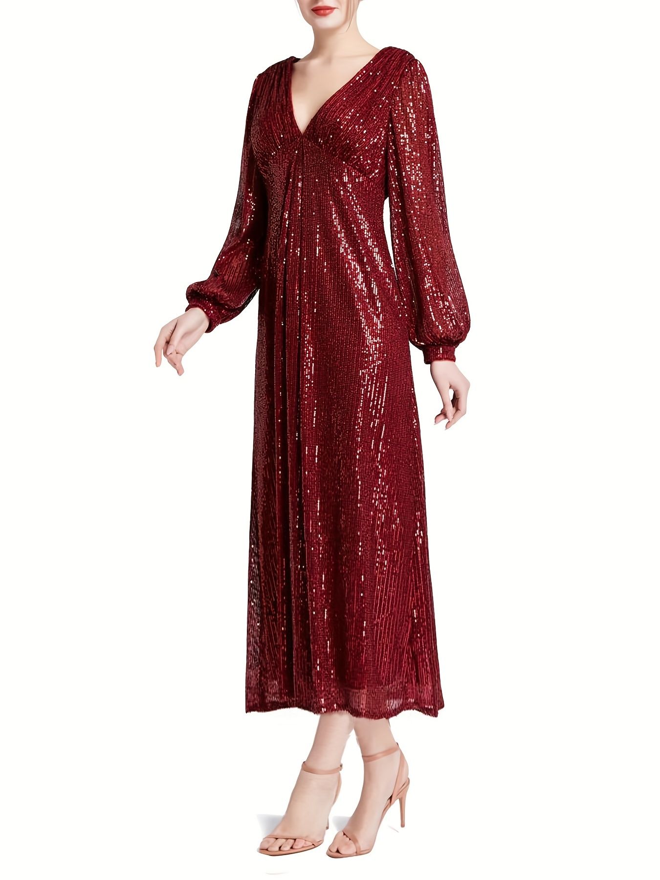 Sequined V-neck Dress, Elegant Long Sleeve Dress For Wedding Party, Women's Clothing - Image 26