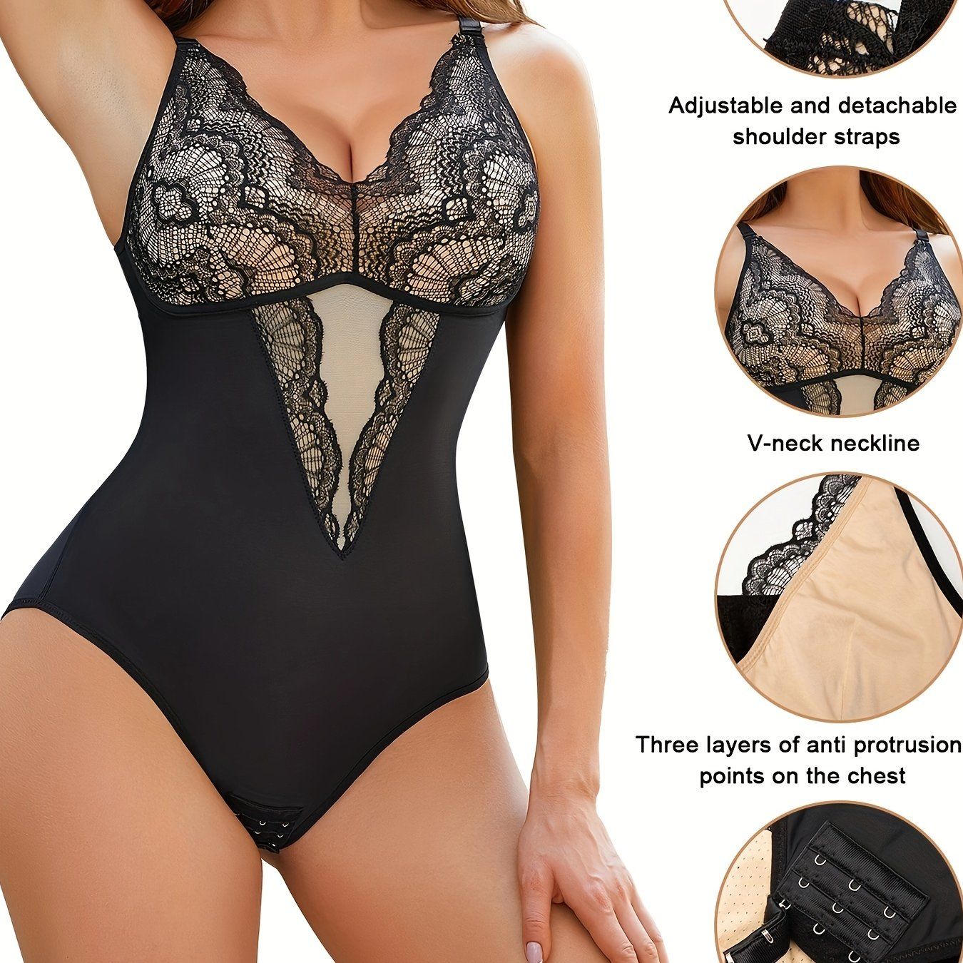 Contrast Lace Shaping Bodysuit, V Neck Sleeveless Slimming Body Shaper, Women's Underwear & Shapewear - Image 8