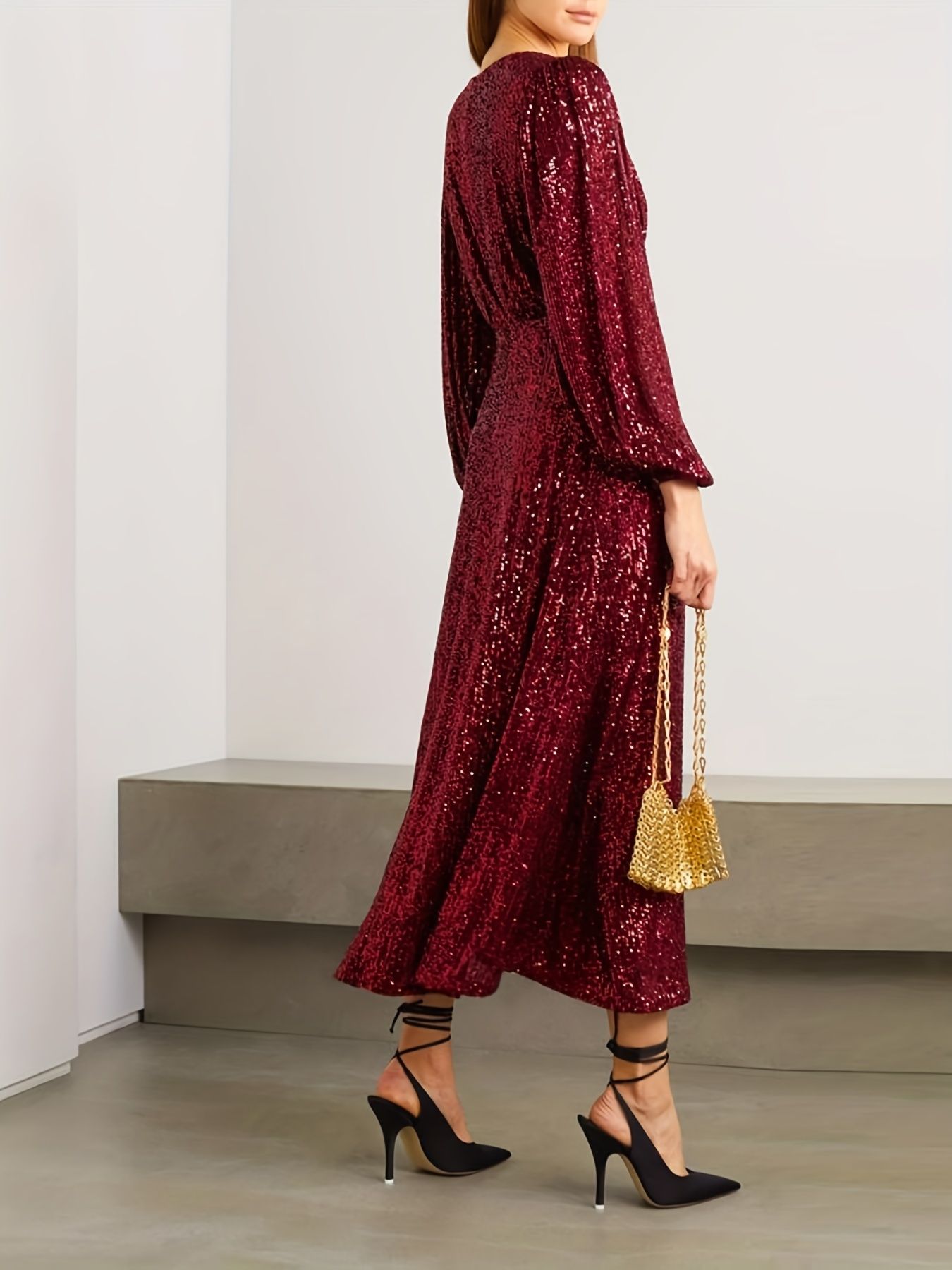 Sequined V-neck Dress, Elegant Long Sleeve Dress For Wedding Party, Women's Clothing - Image 18