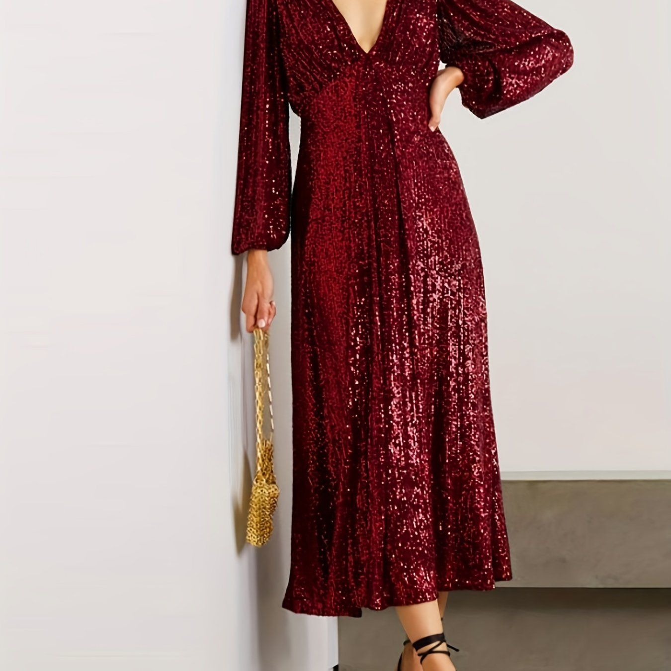 Sequined V-neck Dress, Elegant Long Sleeve Dress For Wedding Party, Women's Clothing - Image 15