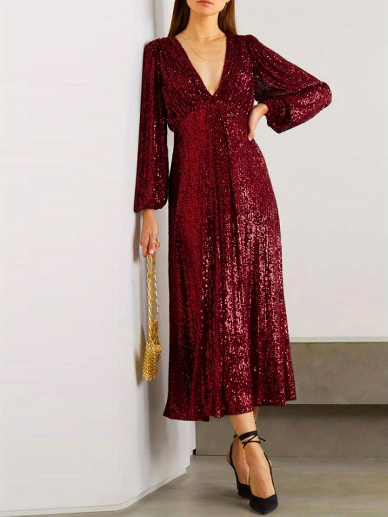 Sequined V-neck Dress, Elegant Long Sleeve Dress For Wedding Party, Women's Clothing - Image 7