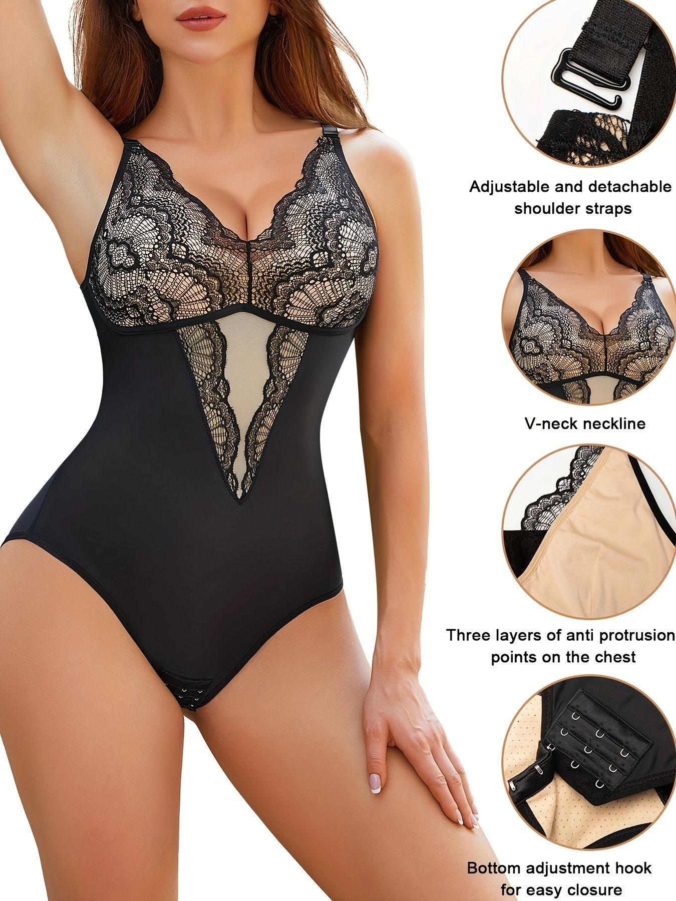 Contrast Lace Shaping Bodysuit, V Neck Sleeveless Slimming Body Shaper, Women's Underwear & Shapewear - Image 16