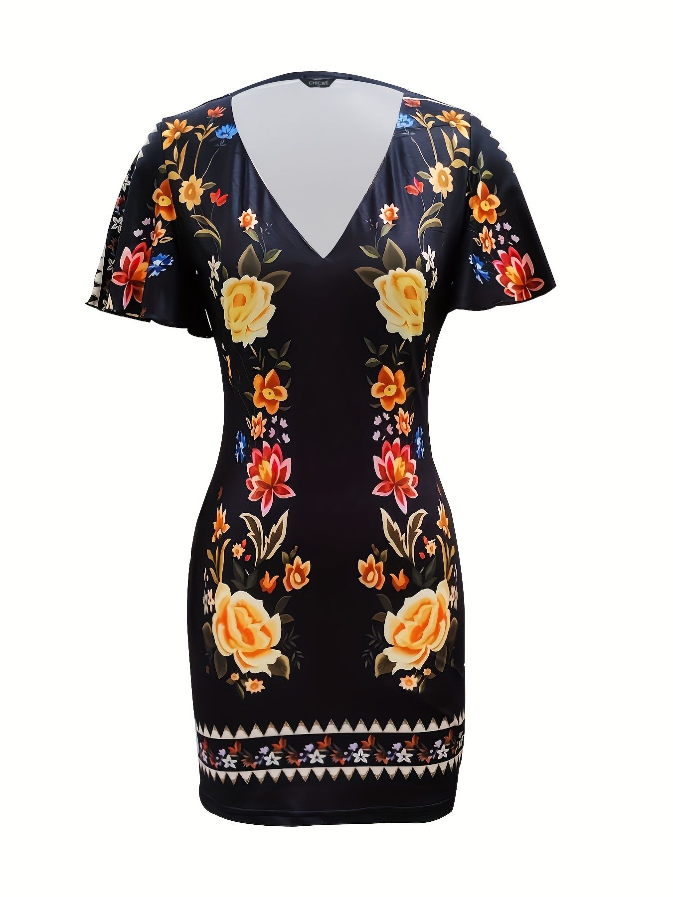 Vintage Floral Print Dress, Casual V Neck Short Sleeve Bag Hip Dress, Women's Clothing - Image 7