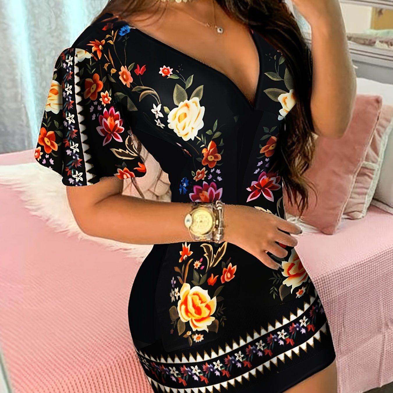Vintage Floral Print Dress, Casual V Neck Short Sleeve Bag Hip Dress, Women's Clothing - Image 8