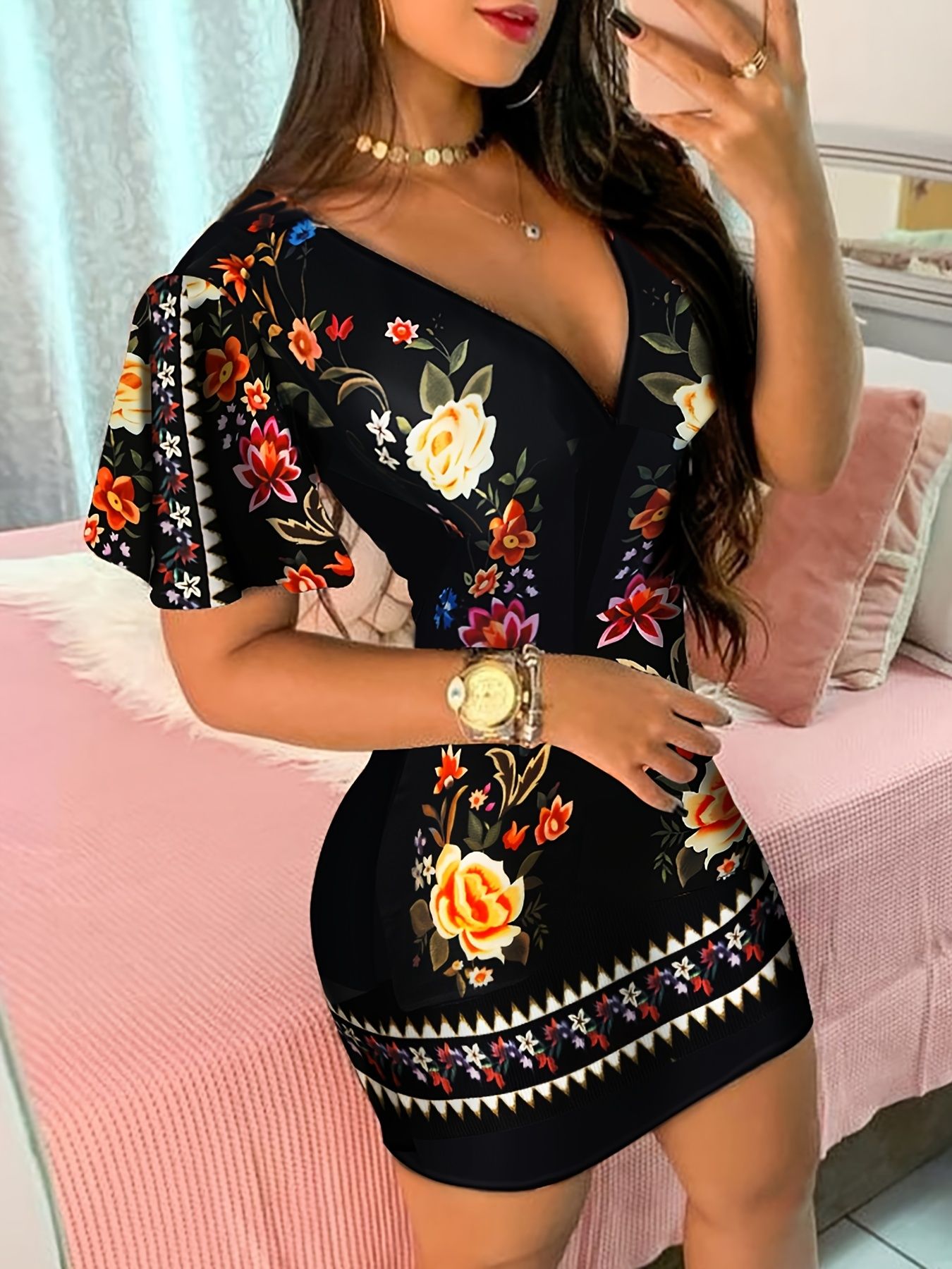 Vintage Floral Print Dress, Casual V Neck Short Sleeve Bag Hip Dress, Women's Clothing - Image 23