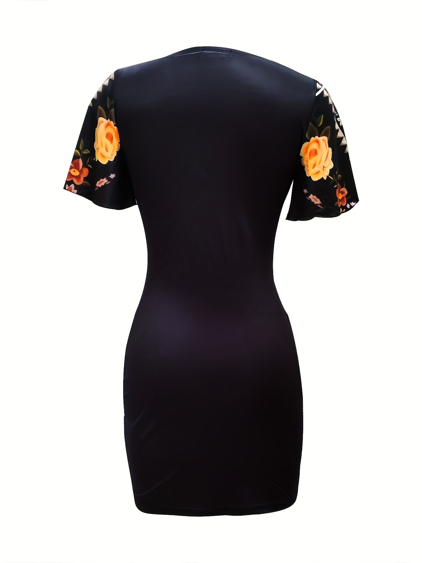 Vintage Floral Print Dress, Casual V Neck Short Sleeve Bag Hip Dress, Women's Clothing - Image 26