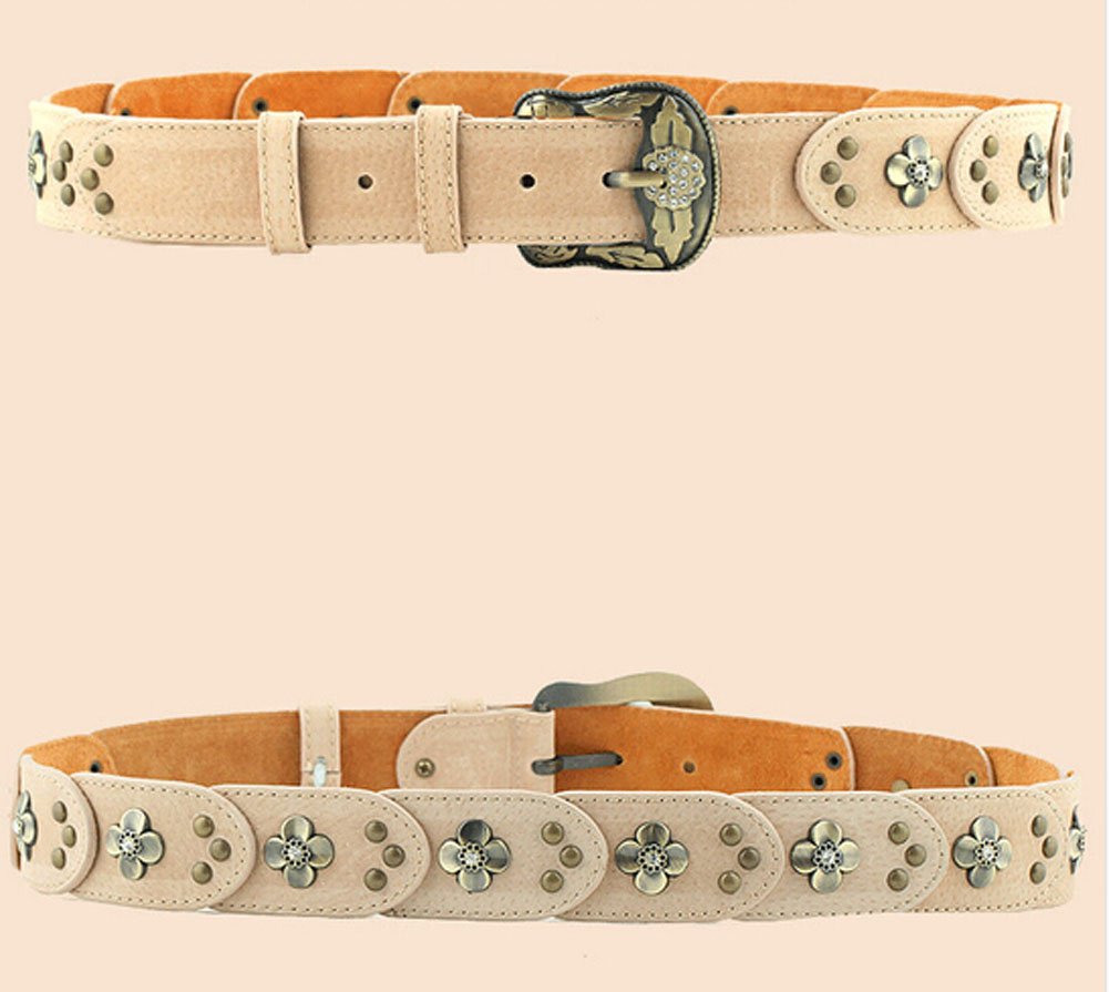 Retro Faux Leather Rivets Florals Belts for Women; Light Yellow - Image 2