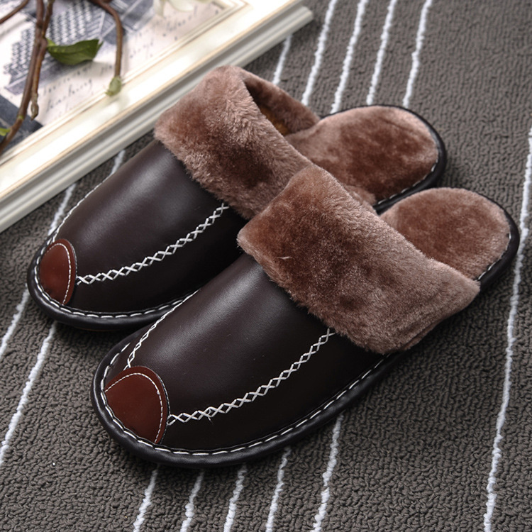 Men's warm cotton slippers; leather Platform slippers; indoor plush slippers; waterproof - Image 32