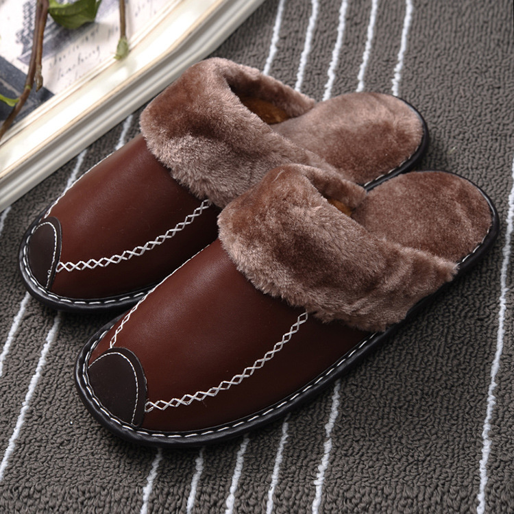 Men's warm cotton slippers; leather Platform slippers; indoor plush slippers; waterproof - Image 35