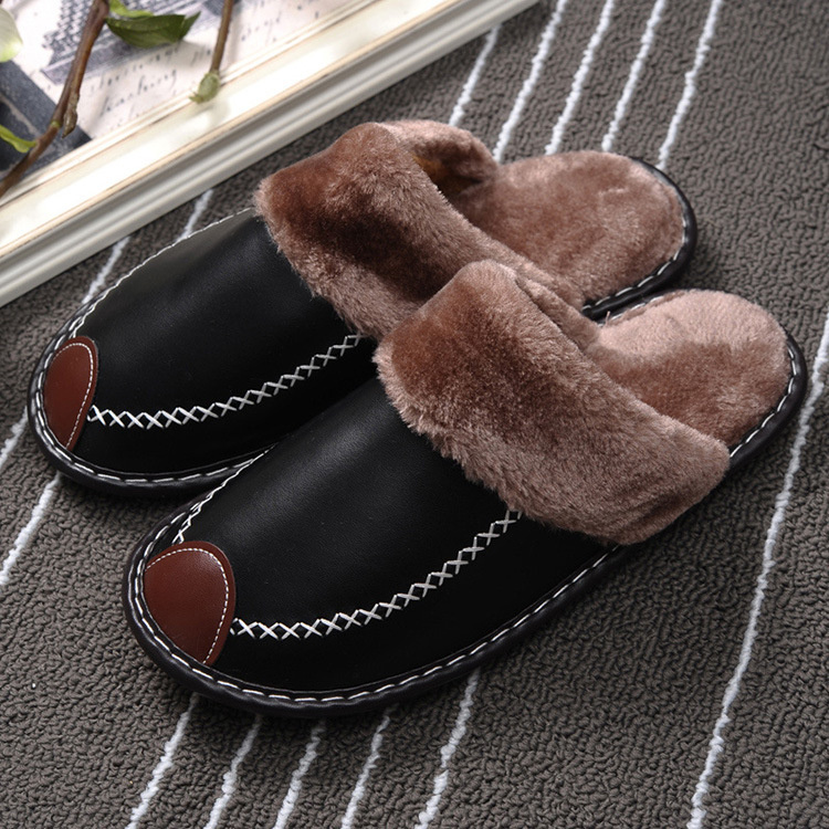Men's warm cotton slippers; leather Platform slippers; indoor plush slippers; waterproof