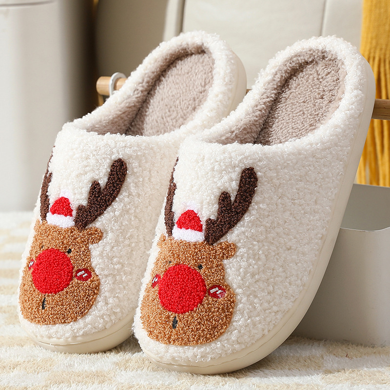 Christmas elk cotton slippers; the same for men and women; warm plush slippers - Image 17