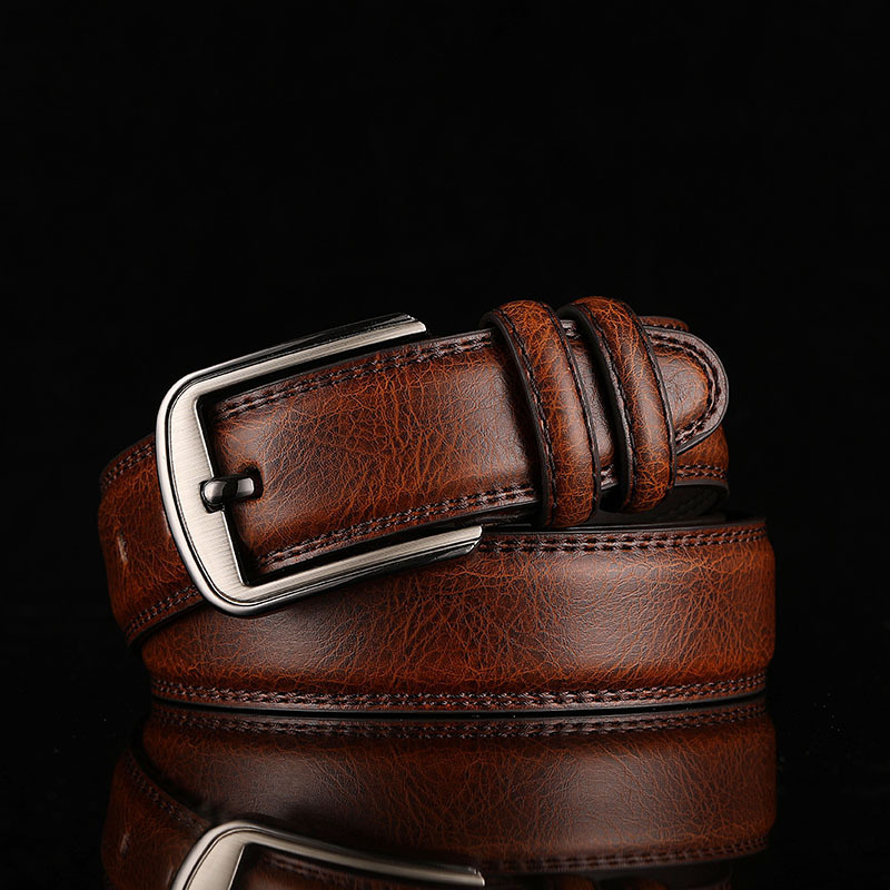Live broadcast of single piece; two-layer leather men's pin buckle perforated belt; men's leather business belt; trousers belt; men's - Image 6