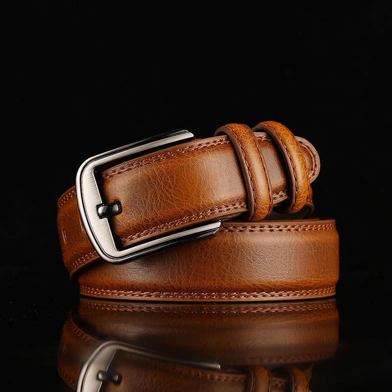 Live broadcast of single piece; two-layer leather men's pin buckle perforated belt; men's leather business belt; trousers belt; men's - Image 21