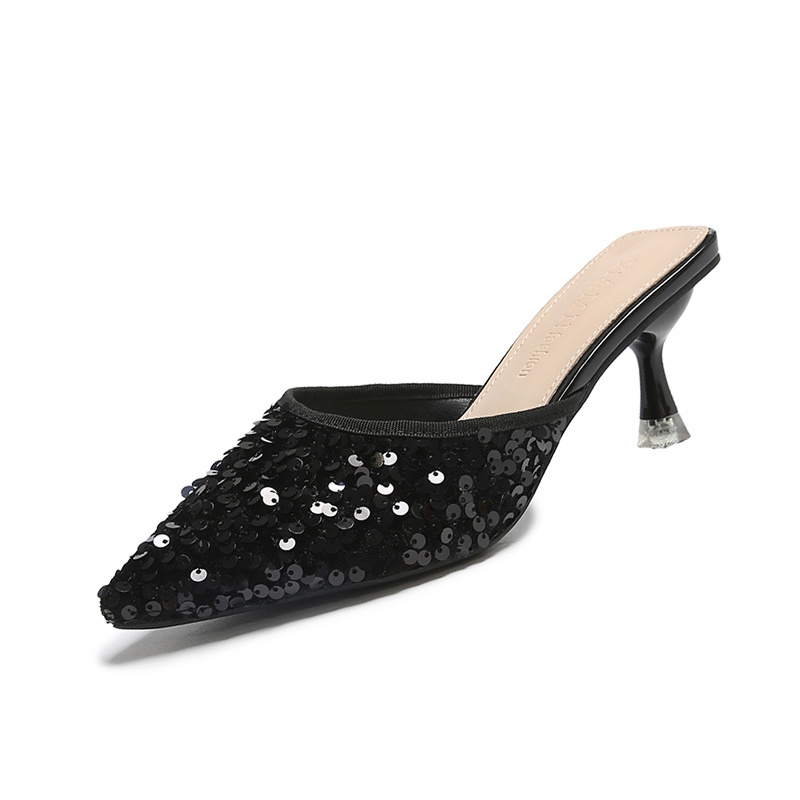 Women's new trend fashion pointy sequin heels French ins stiletto half slippers - Image 43