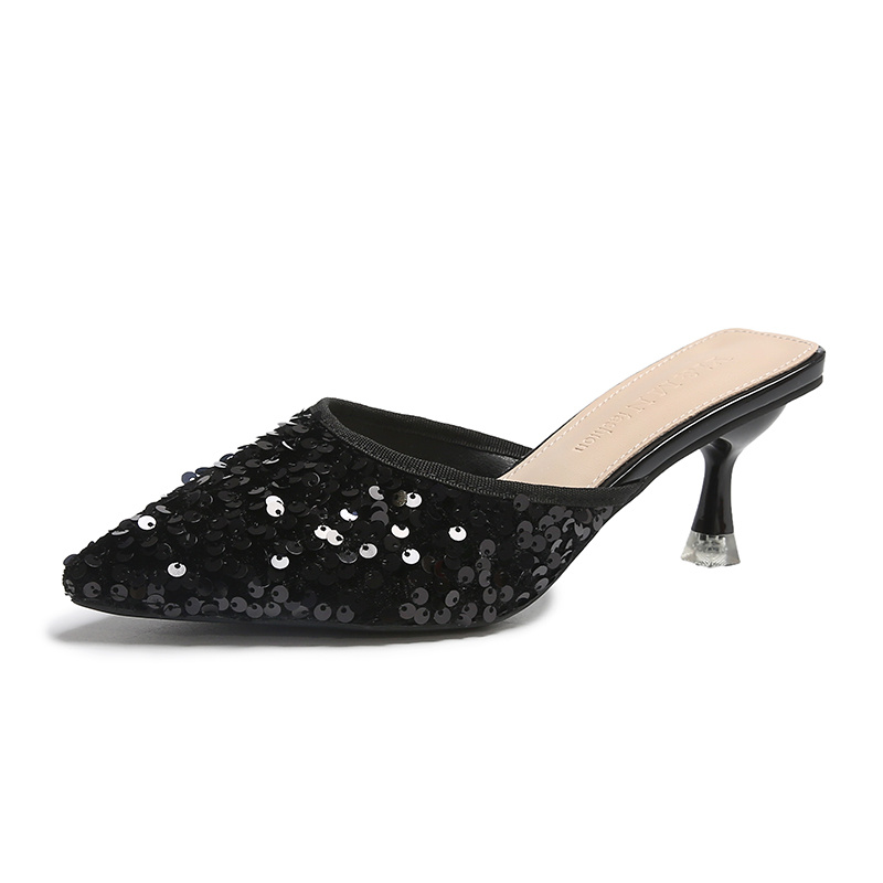 Women's new trend fashion pointy sequin heels French ins stiletto half slippers - Image 42
