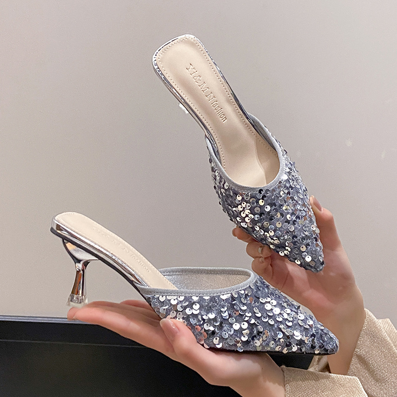 Women's new trend fashion pointy sequin heels French ins stiletto half slippers - Image 29