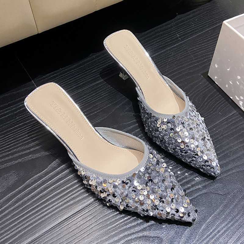 Women's new trend fashion pointy sequin heels French ins stiletto half slippers - Image 28