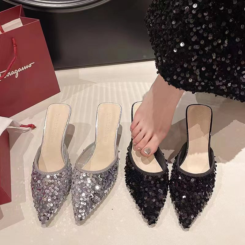Women's new trend fashion pointy sequin heels French ins stiletto half slippers - Image 3