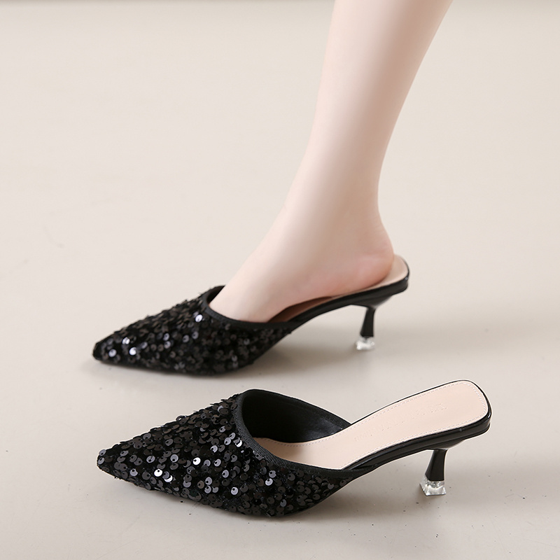 Women's new trend fashion pointy sequin heels French ins stiletto half slippers - Image 14