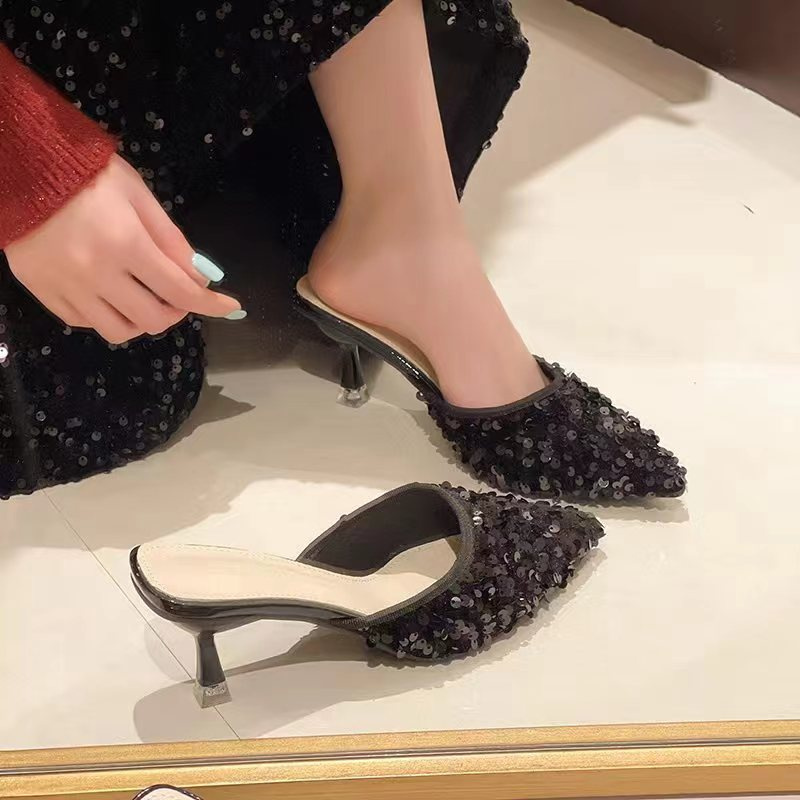 Women's new trend fashion pointy sequin heels French ins stiletto half slippers - Image 39