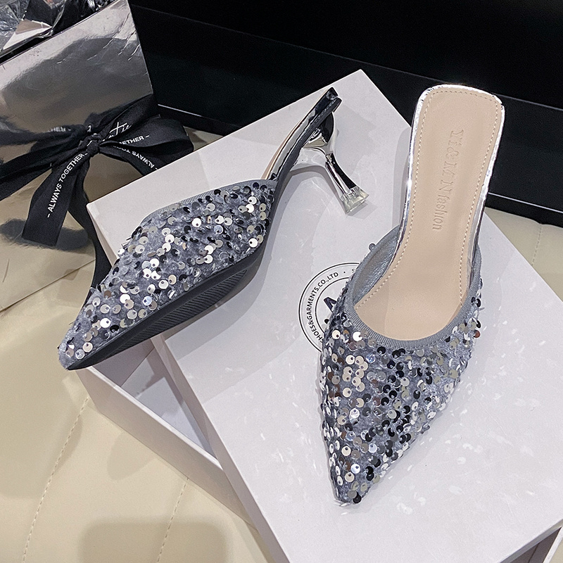 Women's new trend fashion pointy sequin heels French ins stiletto half slippers - Image 21