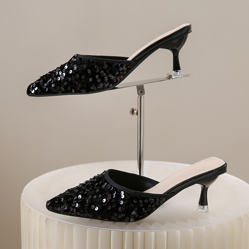 Women's new trend fashion pointy sequin heels French ins stiletto half slippers - Image 53