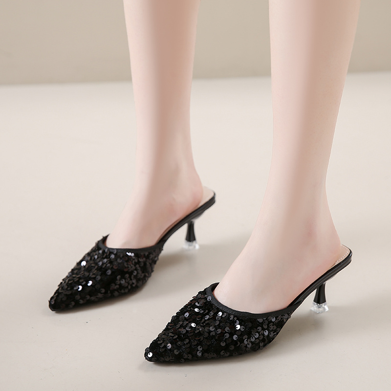 Women's new trend fashion pointy sequin heels French ins stiletto half slippers - Image 54