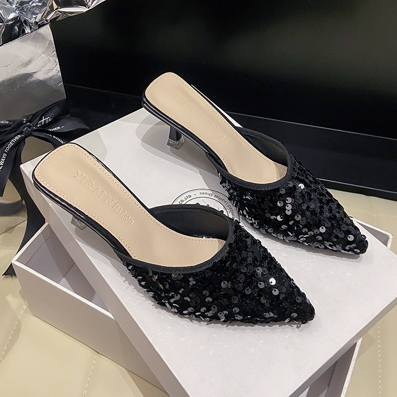 Women's new trend fashion pointy sequin heels French ins stiletto half slippers - Image 55