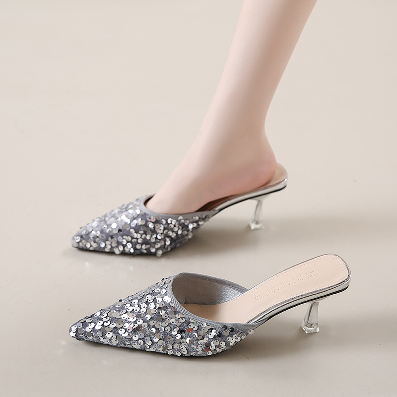 Women's new trend fashion pointy sequin heels French ins stiletto half slippers - Image 61