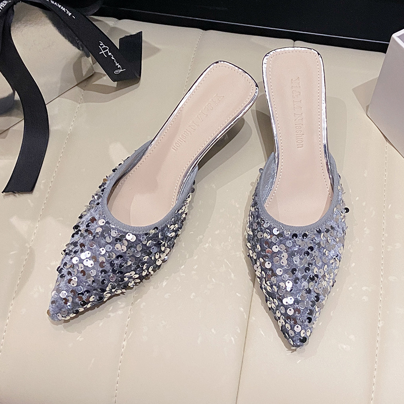 Women's new trend fashion pointy sequin heels French ins stiletto half slippers - Image 34