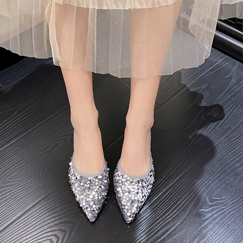 Women's new trend fashion pointy sequin heels French ins stiletto half slippers - Image 35