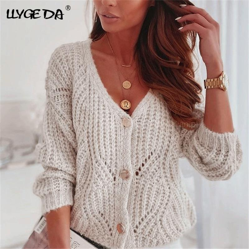 Knitted V-neck Women's Sweater Hollow Out Drop Shoulder Long Sleeve Cardigan For Women 2021 Autumn Winter Loose Sweaters Woman - Image 83