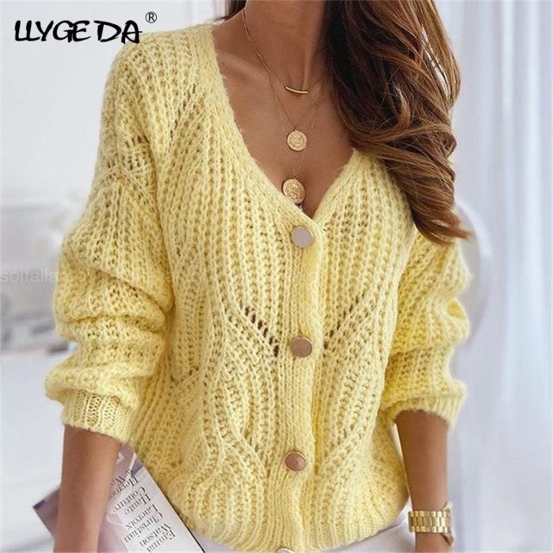 Knitted V-neck Women's Sweater Hollow Out Drop Shoulder Long Sleeve Cardigan For Women 2021 Autumn Winter Loose Sweaters Woman - Image 38