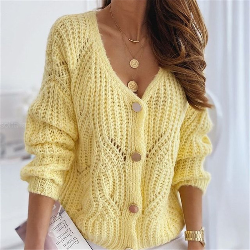 Knitted V-neck Women's Sweater Hollow Out Drop Shoulder Long Sleeve Cardigan For Women 2021 Autumn Winter Loose Sweaters Woman - Image 61