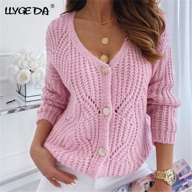 Knitted V-neck Women's Sweater Hollow Out Drop Shoulder Long Sleeve Cardigan For Women 2021 Autumn Winter Loose Sweaters Woman - Image 33