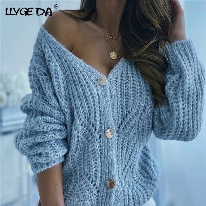 Knitted V-neck Women's Sweater Hollow Out Drop Shoulder Long Sleeve Cardigan For Women 2021 Autumn Winter Loose Sweaters Woman - Image 28