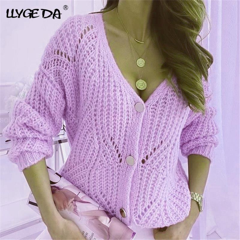 Knitted V-neck Women's Sweater Hollow Out Drop Shoulder Long Sleeve Cardigan For Women 2021 Autumn Winter Loose Sweaters Woman - Image 30