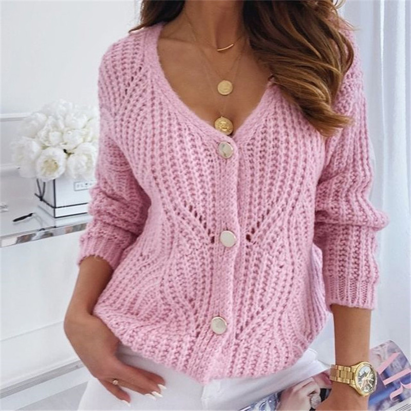 Knitted V-neck Women's Sweater Hollow Out Drop Shoulder Long Sleeve Cardigan For Women 2021 Autumn Winter Loose Sweaters Woman - Image 43
