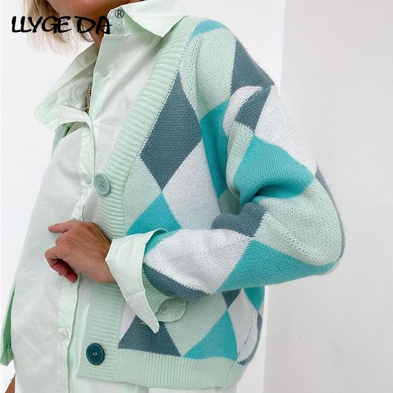 Color Block Argyle Plaid Cardigan for Women Sweaters Fashion V-Neck Long Sleeve Knitted Women's Sweater 2021 Autumn Ladies Top - Image 14