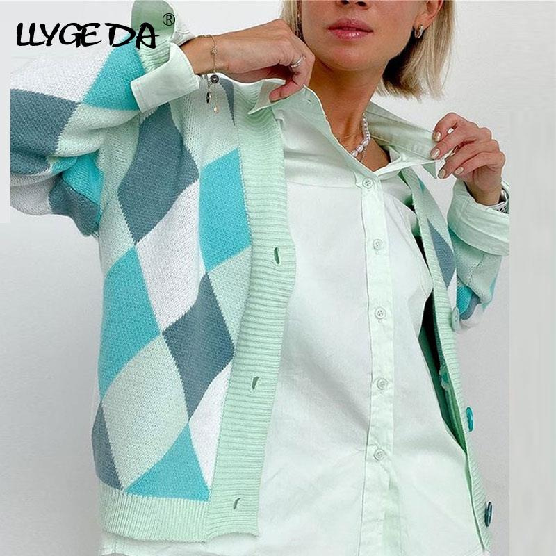 Color Block Argyle Plaid Cardigan for Women Sweaters Fashion V-Neck Long Sleeve Knitted Women's Sweater 2021 Autumn Ladies Top - Image 9