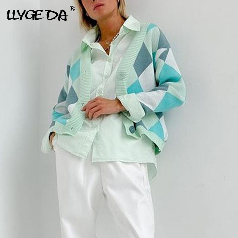 Color Block Argyle Plaid Cardigan for Women Sweaters Fashion V-Neck Long Sleeve Knitted Women's Sweater 2021 Autumn Ladies Top - Image 10