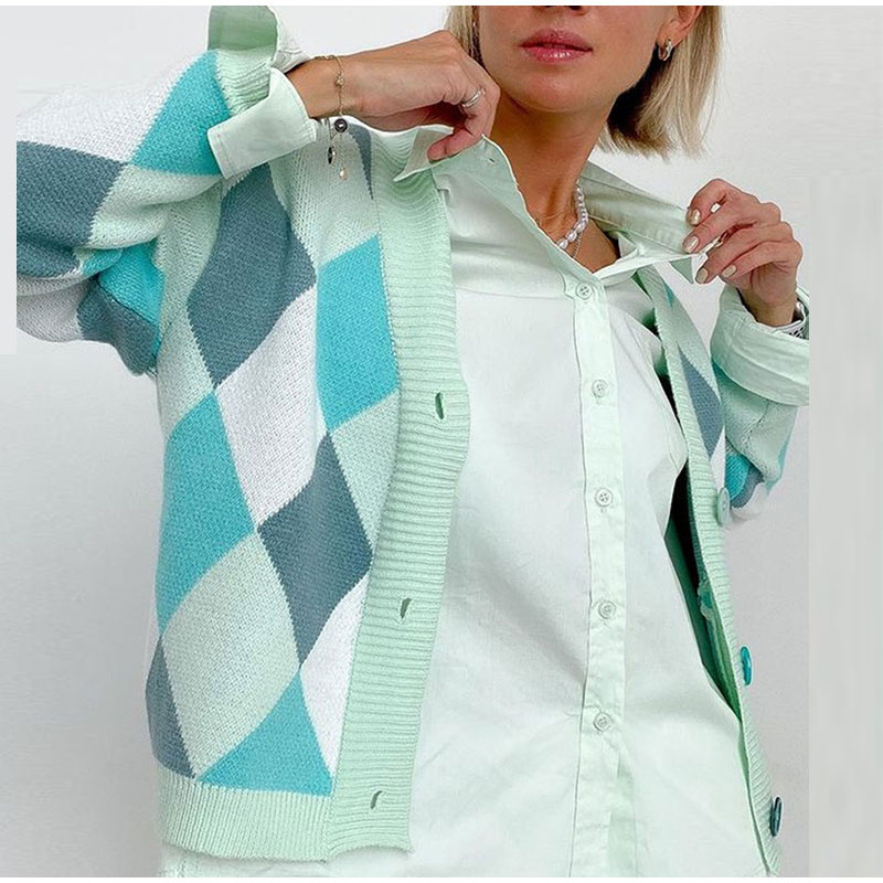 Color Block Argyle Plaid Cardigan for Women Sweaters Fashion V-Neck Long Sleeve Knitted Women's Sweater 2021 Autumn Ladies Top - Image 12