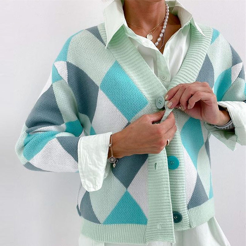 Color Block Argyle Plaid Cardigan for Women Sweaters Fashion V-Neck Long Sleeve Knitted Women's Sweater 2021 Autumn Ladies Top
